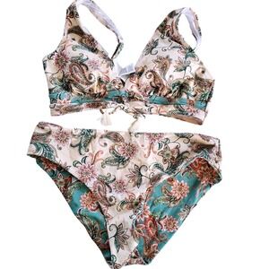 Cupshe Womens Large Floral Paisley Bikini Set High Waisted Tassel V-Neck NWT